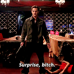 "gabriel from supernatural says 'surprise, bitch' gif"